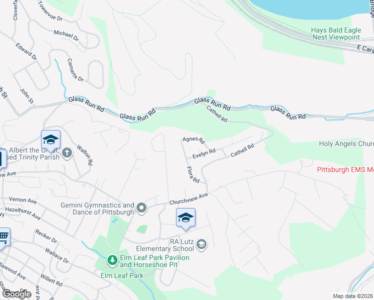 map of restaurants, bars, coffee shops, grocery stores, and more near 106 Flora Road in Pittsburgh