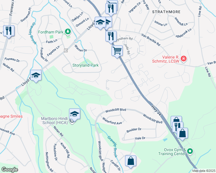 map of restaurants, bars, coffee shops, grocery stores, and more near 57 West Aspen Way in Matawan
