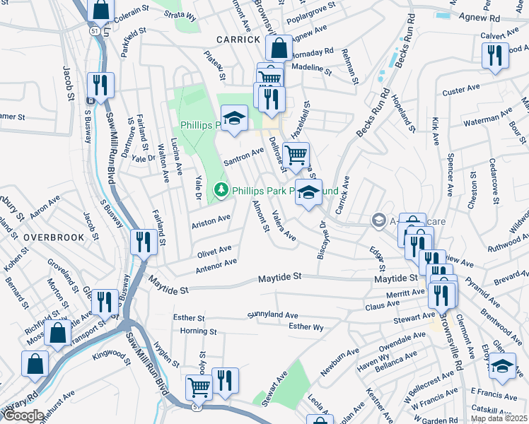 map of restaurants, bars, coffee shops, grocery stores, and more near 2311 Almont Street in Pittsburgh