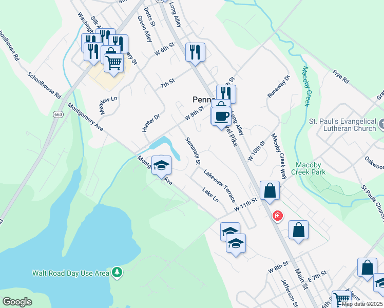 map of restaurants, bars, coffee shops, grocery stores, and more near 901 Seminary St in Pennsburg