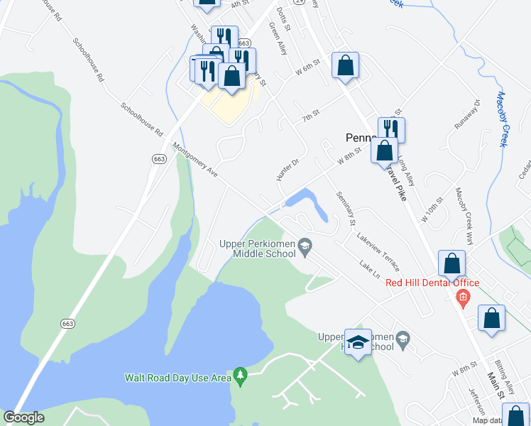 map of restaurants, bars, coffee shops, grocery stores, and more near 800 Montgomery Avenue in Pennsburg