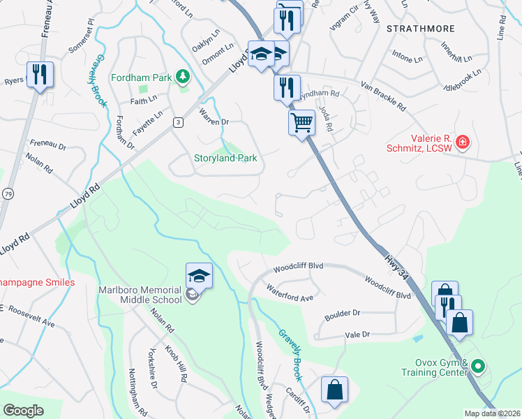 map of restaurants, bars, coffee shops, grocery stores, and more near 14 Weston Place in Aberdeen Township