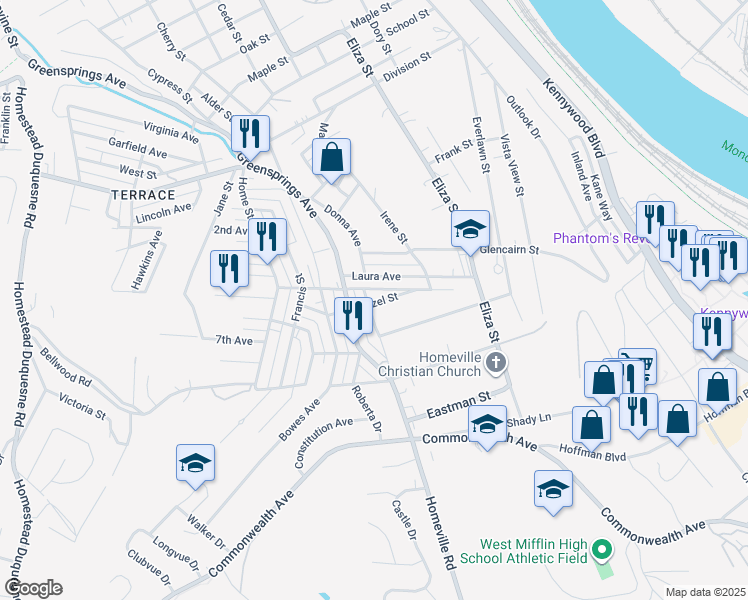 map of restaurants, bars, coffee shops, grocery stores, and more near 603 Hazel Street in West Mifflin
