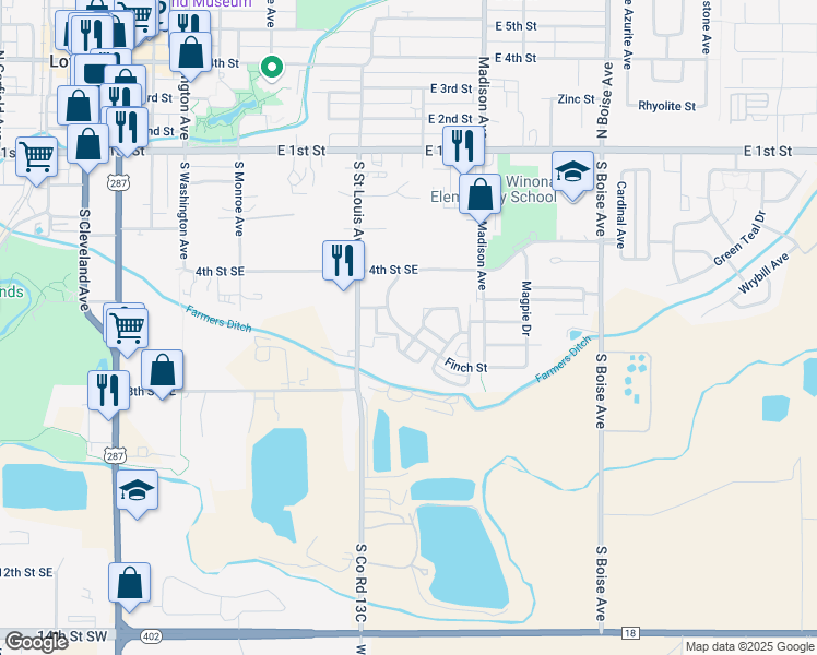 map of restaurants, bars, coffee shops, grocery stores, and more near 1107 Finch Street in Loveland