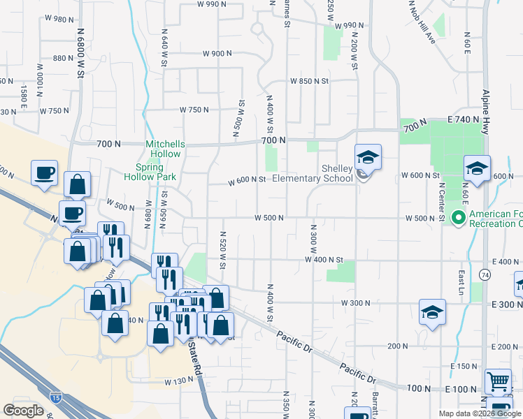 map of restaurants, bars, coffee shops, grocery stores, and more near 530 North 420 West in American Fork