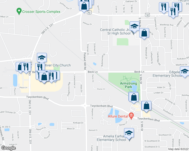 map of restaurants, bars, coffee shops, grocery stores, and more near 2807 Duroc Drive in Lafayette