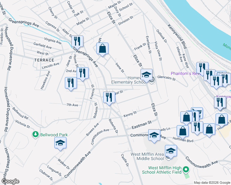 map of restaurants, bars, coffee shops, grocery stores, and more near 603 Hazel Street in West Mifflin