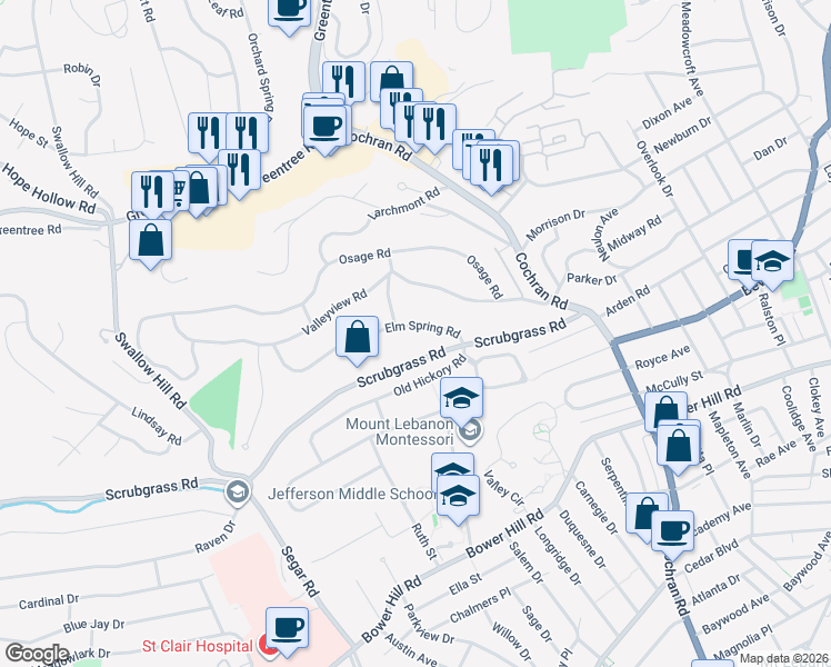 map of restaurants, bars, coffee shops, grocery stores, and more near 793 Elm Spring Road in Pittsburgh