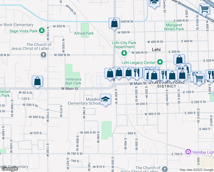 map of restaurants, bars, coffee shops, grocery stores, and more near 564 West Main Street in Lehi