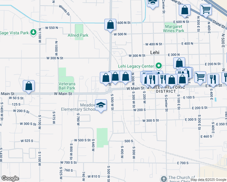 map of restaurants, bars, coffee shops, grocery stores, and more near 495 West Main Street in Lehi
