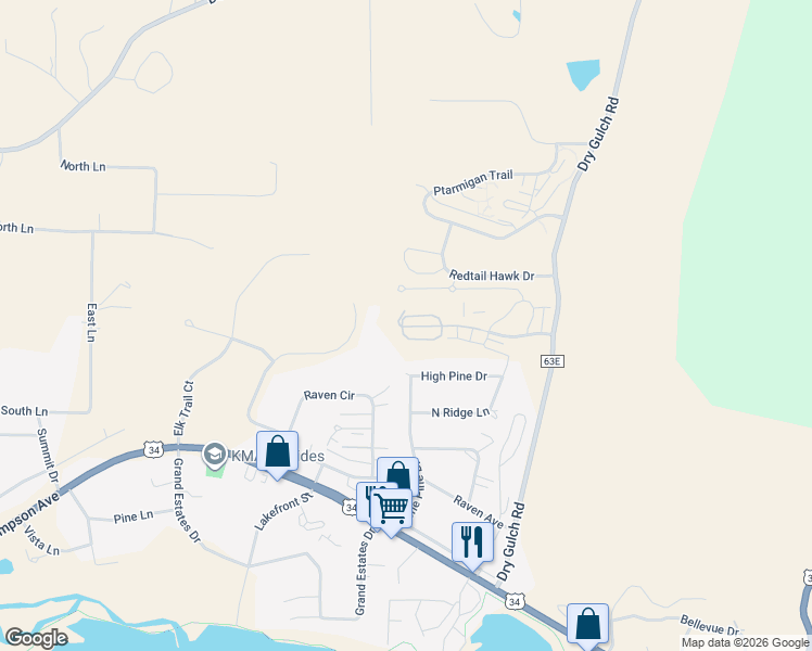 map of restaurants, bars, coffee shops, grocery stores, and more near 1851 Wildfire Road in Estes Park
