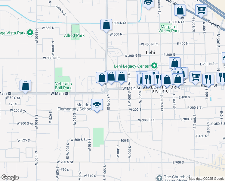 map of restaurants, bars, coffee shops, grocery stores, and more near 495 West Main Street in Lehi