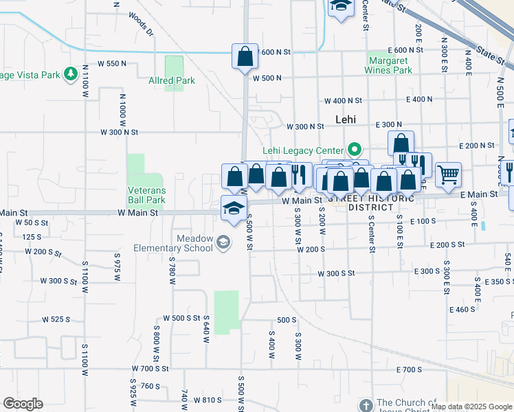 map of restaurants, bars, coffee shops, grocery stores, and more near 495 West Main Street in Lehi