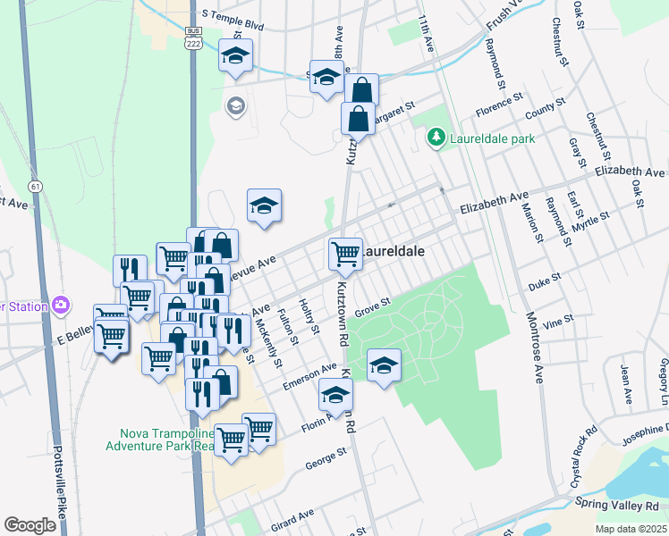 map of restaurants, bars, coffee shops, grocery stores, and more near 815 Elizabeth Avenue in Laureldale
