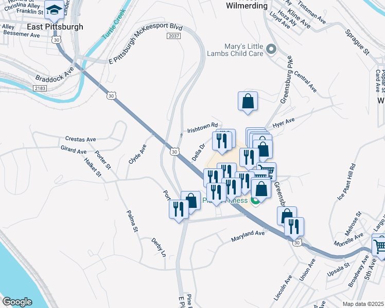 map of restaurants, bars, coffee shops, grocery stores, and more near 249 Lincoln Highway in North Versailles