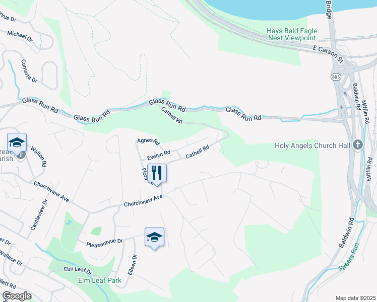 map of restaurants, bars, coffee shops, grocery stores, and more near 1527 Cathell Road in Pittsburgh