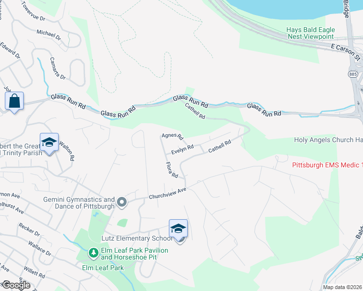 map of restaurants, bars, coffee shops, grocery stores, and more near 1433 Evelyn Road in Pittsburgh