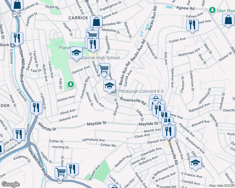 map of restaurants, bars, coffee shops, grocery stores, and more near 2350 Brownsville Road in Pittsburgh