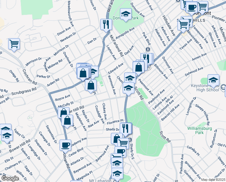 map of restaurants, bars, coffee shops, grocery stores, and more near 14A North Meadowcroft Avenue in Pittsburgh