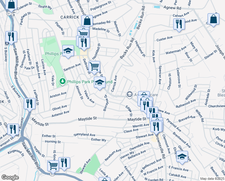 map of restaurants, bars, coffee shops, grocery stores, and more near 11 Carrick Avenue in Pittsburgh