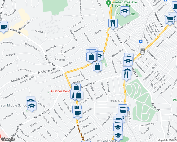 map of restaurants, bars, coffee shops, grocery stores, and more near 42 Marlin Drive East in Pittsburgh