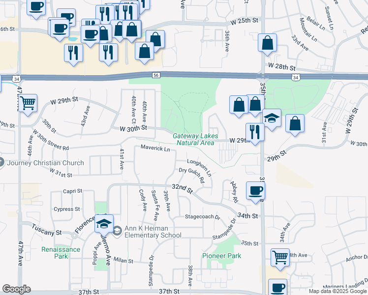 map of restaurants, bars, coffee shops, grocery stores, and more near 3005 Armadillo Court in Evans