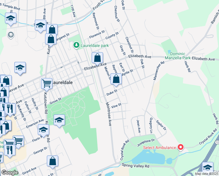 map of restaurants, bars, coffee shops, grocery stores, and more near 3212 Marion Street in Laureldale