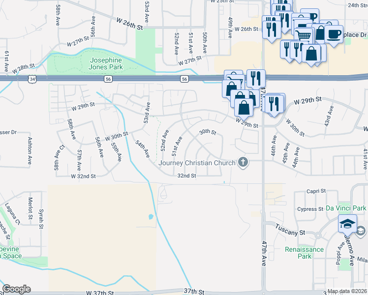 map of restaurants, bars, coffee shops, grocery stores, and more near 3127 50 Avenue Court in Greeley