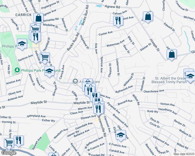 map of restaurants, bars, coffee shops, grocery stores, and more near 154 Kirk Avenue in Pittsburgh