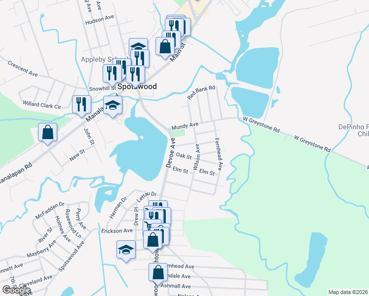 map of restaurants, bars, coffee shops, grocery stores, and more near 28 Pine Street in Spotswood