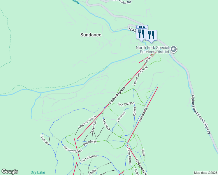 map of restaurants, bars, coffee shops, grocery stores, and more near 3070 Stewart Road in Sundance