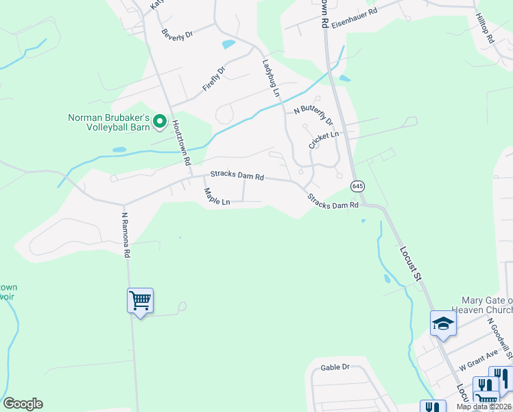 map of restaurants, bars, coffee shops, grocery stores, and more near 30 Maple Lane in Myerstown