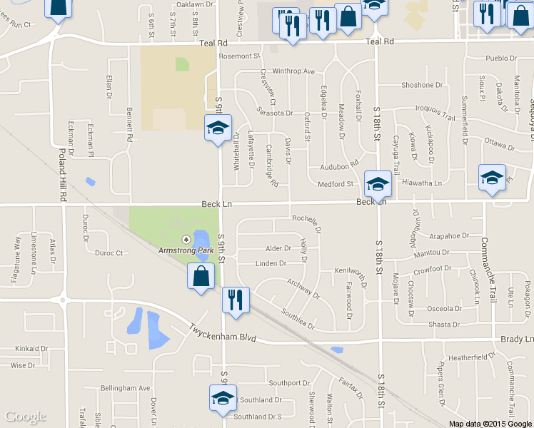 map of restaurants, bars, coffee shops, grocery stores, and more near 1008 Rochelle Drive in Lafayette
