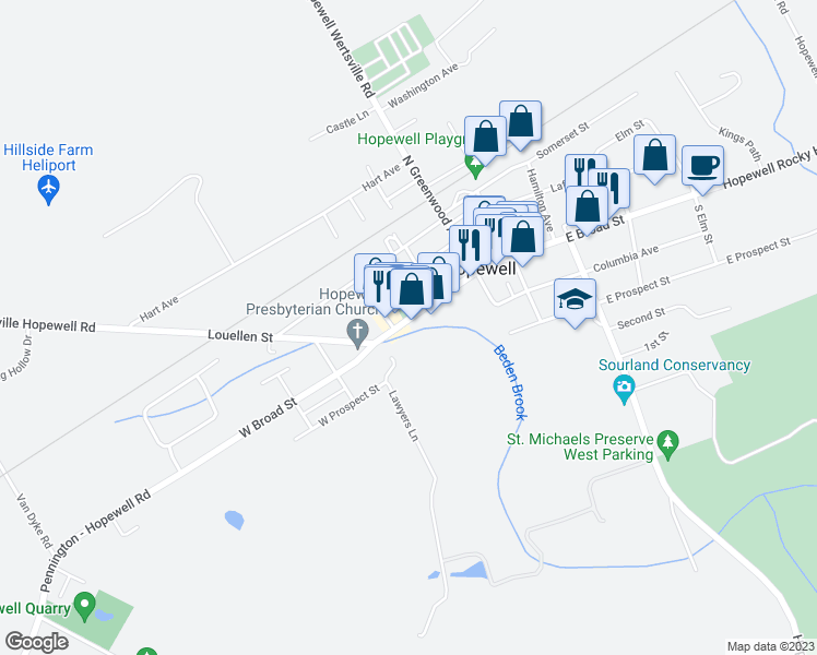 map of restaurants, bars, coffee shops, grocery stores, and more near 47 West Broad Street in Hopewell