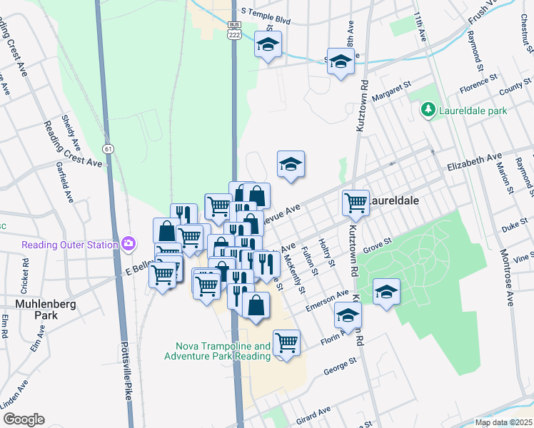 map of restaurants, bars, coffee shops, grocery stores, and more near 519 East Bellevue Avenue in Laureldale