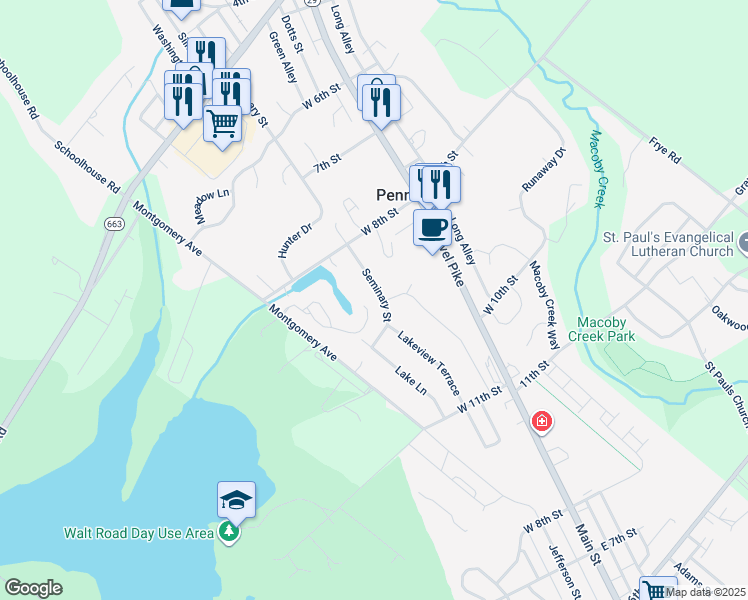 map of restaurants, bars, coffee shops, grocery stores, and more near 901 Seminary St in Pennsburg