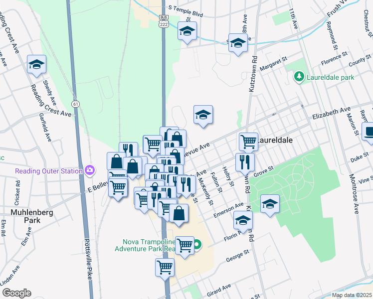 map of restaurants, bars, coffee shops, grocery stores, and more near 519 East Bellevue Avenue in Laureldale