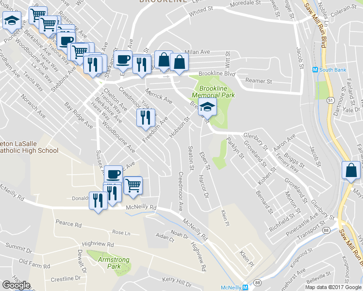 map of restaurants, bars, coffee shops, grocery stores, and more near 1627 Creedmoor Avenue in Pittsburgh