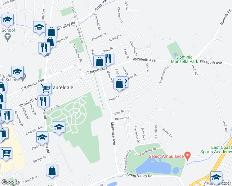 map of restaurants, bars, coffee shops, grocery stores, and more near 3212 Marion Street in Laureldale