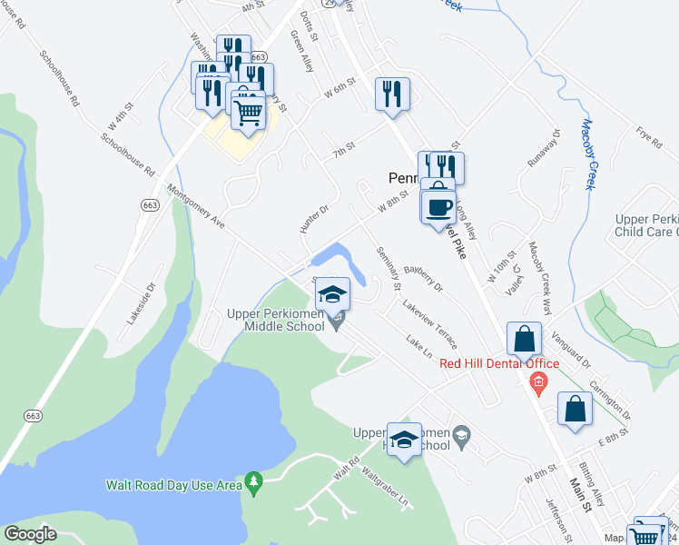map of restaurants, bars, coffee shops, grocery stores, and more near 854 Peaceful Lane in Pennsburg