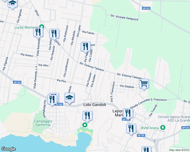 map of restaurants, bars, coffee shops, grocery stores, and more near 9 Via Azalee in Leporano Marina