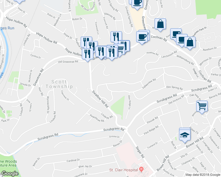 map of restaurants, bars, coffee shops, grocery stores, and more near 936 Valleyview Rd in Pittsburgh