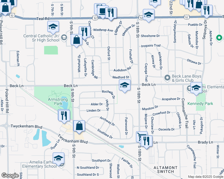 map of restaurants, bars, coffee shops, grocery stores, and more near 1120 Rochelle Dr in Lafayette