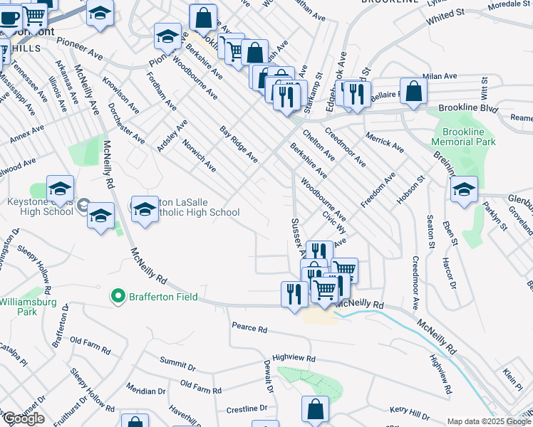 map of restaurants, bars, coffee shops, grocery stores, and more near 1057 Norwich Avenue in Pittsburgh