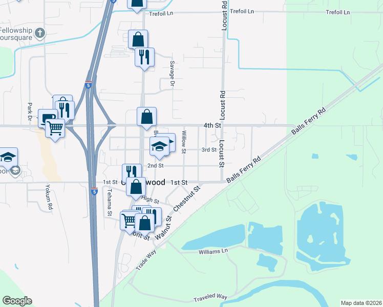 map of restaurants, bars, coffee shops, grocery stores, and more near 3433 Willow Lane in Anderson