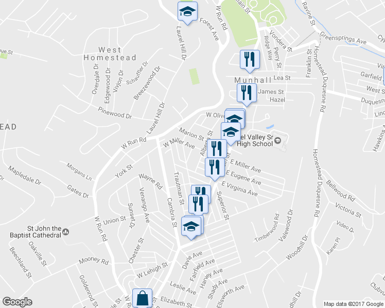 map of restaurants, bars, coffee shops, grocery stores, and more near 3309 Edward Street in Munhall