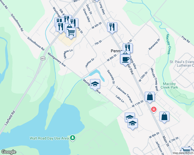 map of restaurants, bars, coffee shops, grocery stores, and more near 854 Peaceful Lane in Pennsburg