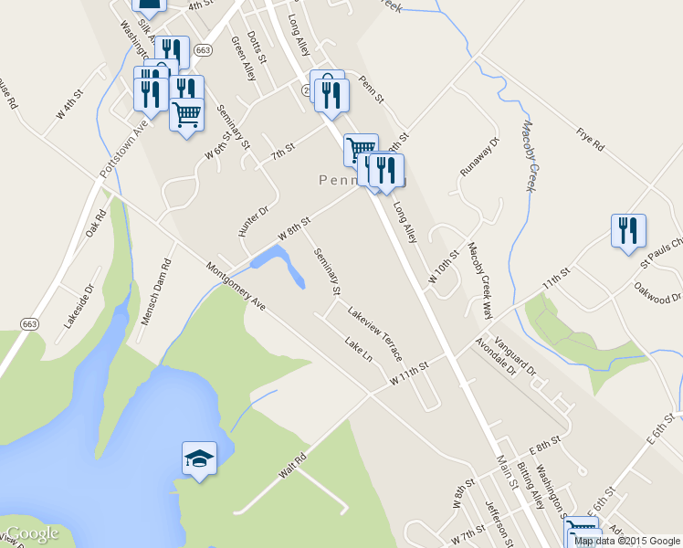 map of restaurants, bars, coffee shops, grocery stores, and more near 904 Seminary Street in Pennsburg