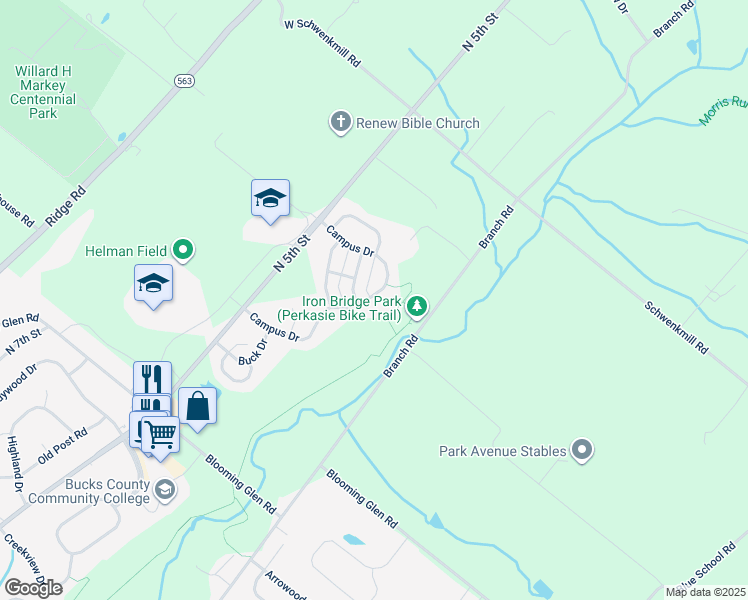 map of restaurants, bars, coffee shops, grocery stores, and more near 572 Campus Drive in Perkasie
