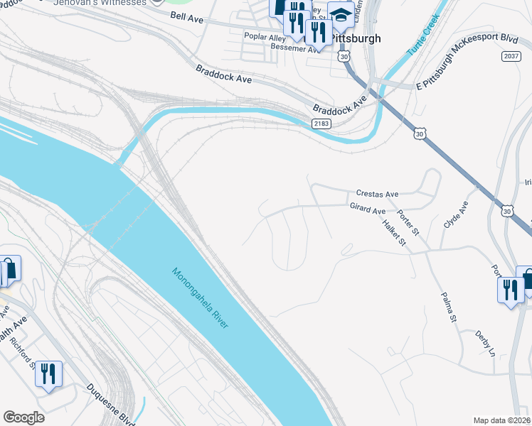 map of restaurants, bars, coffee shops, grocery stores, and more near 1701 Girard Avenue in Allegheny County